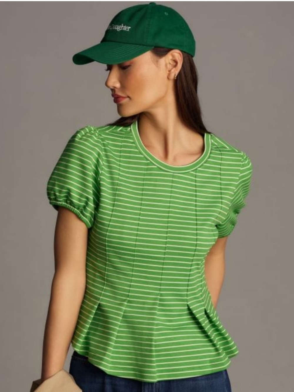Anthropologie Maeve Corset Peplum Puff Sleeve Stripped Green White Blouse Top XS